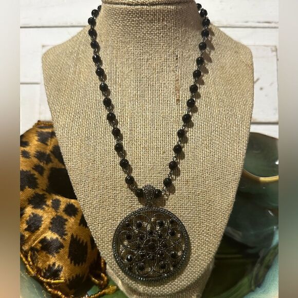 Vintage Glass Mourning Bead Victorian Style Medallion Necklace 16” - Picture 1 of 4